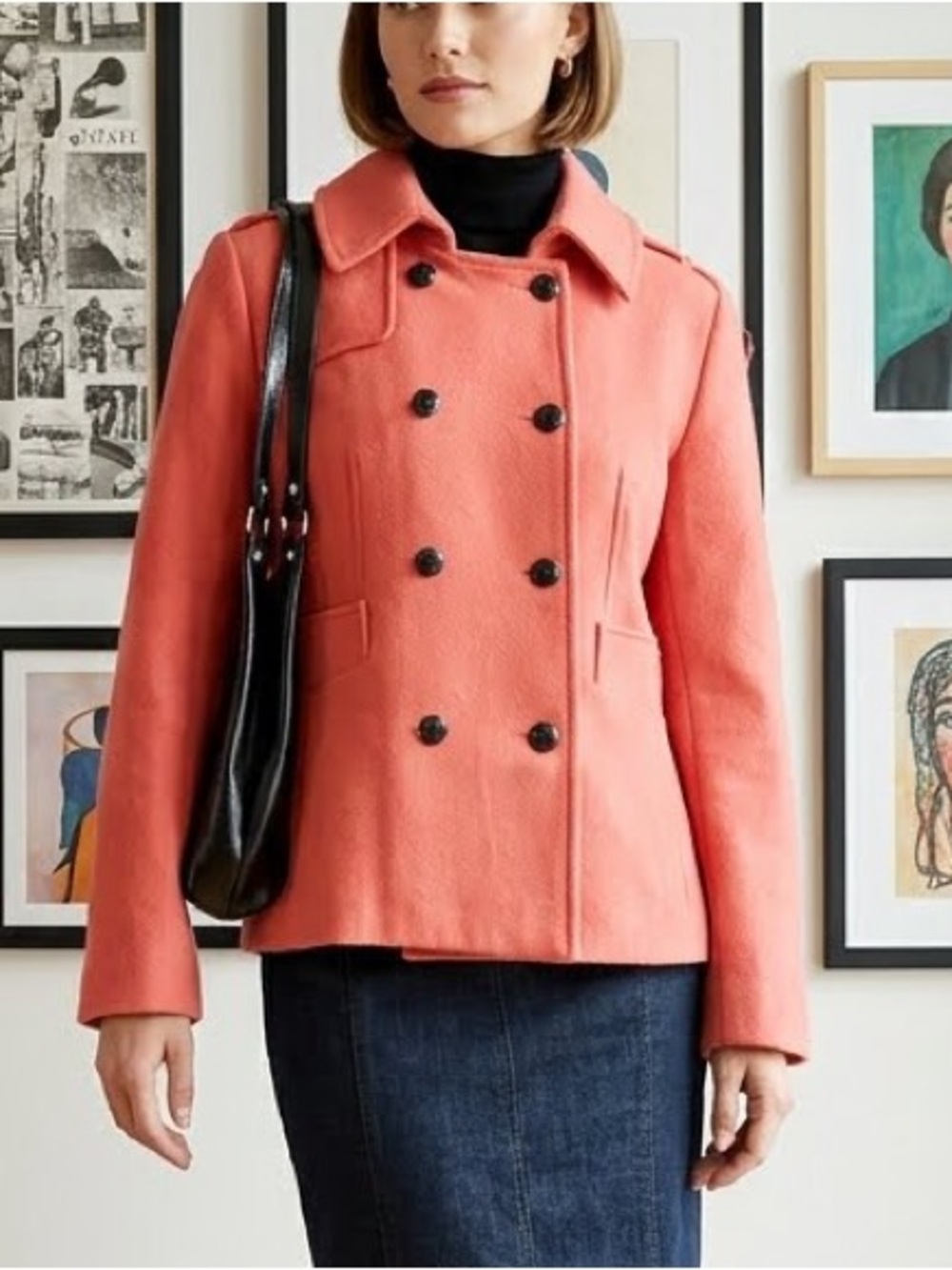 NINO MORI Luxury 100% Wool Crested Double-Breasted Pea Coat Chic Size 46